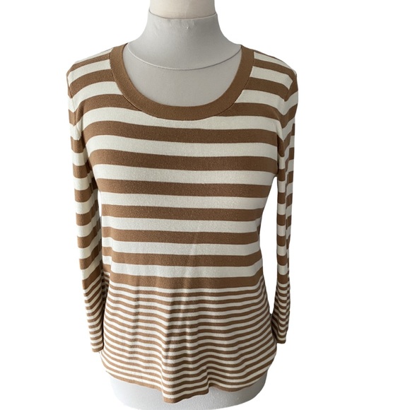 Talbots Tops - Talbots Small, brown & white striped cotton/rayon blend long sleeve, scoop neck.